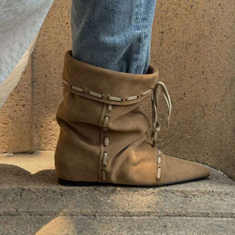 Wrinkle Style Women's Ankle Pointed Toe Flat Cross-tied Femme Short Winter New Retro Niche Lady Western Cowboy Boots