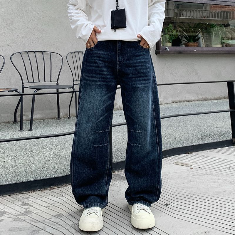 Men's Jeans Vintage American - Style Pleated Washed Jeans - Wide - Leg Sickle - Cut Denim Trousers-D6013