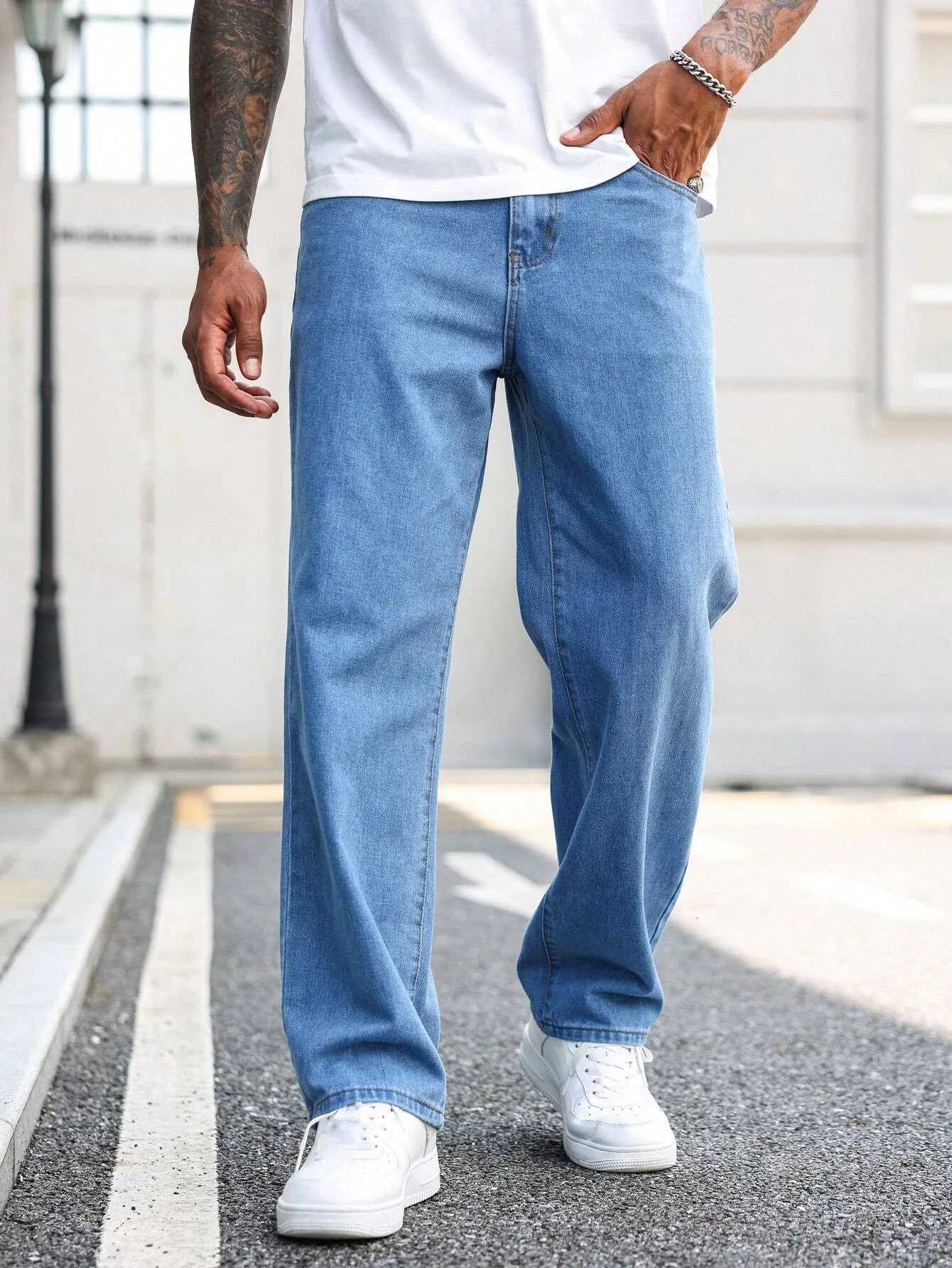 1pc Mens Loose Fit HipHop Style Denim Jeans Casual Streetwear Washed Blue No WaistbandDecoration Comfortable Stylish fZ250917