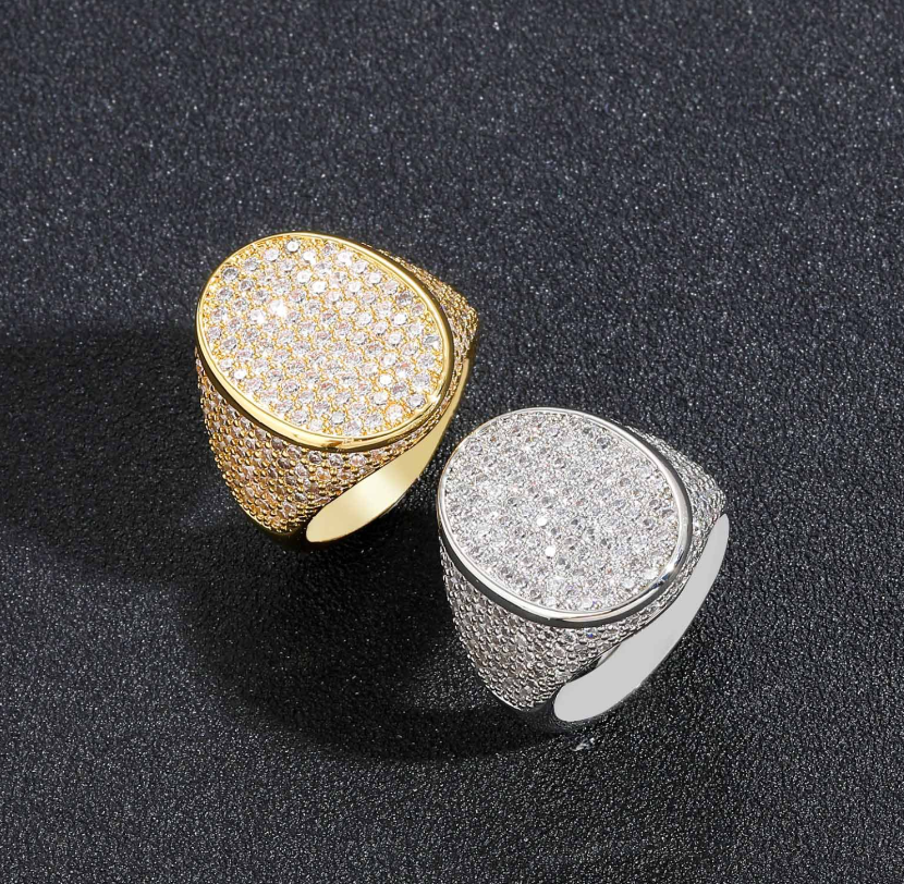 15A European and American hip-hop oval ring micro inlaid with zircon full diamond personalized trendy brand men's rap diamond love gold ring cros