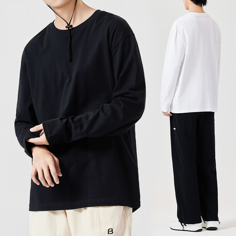 Men's Japanese-Style Solid Cotton Long-Sleeve T-Shirt - Autumn Crewneck Pullover, Ins Early Fall Inner Wear-04C