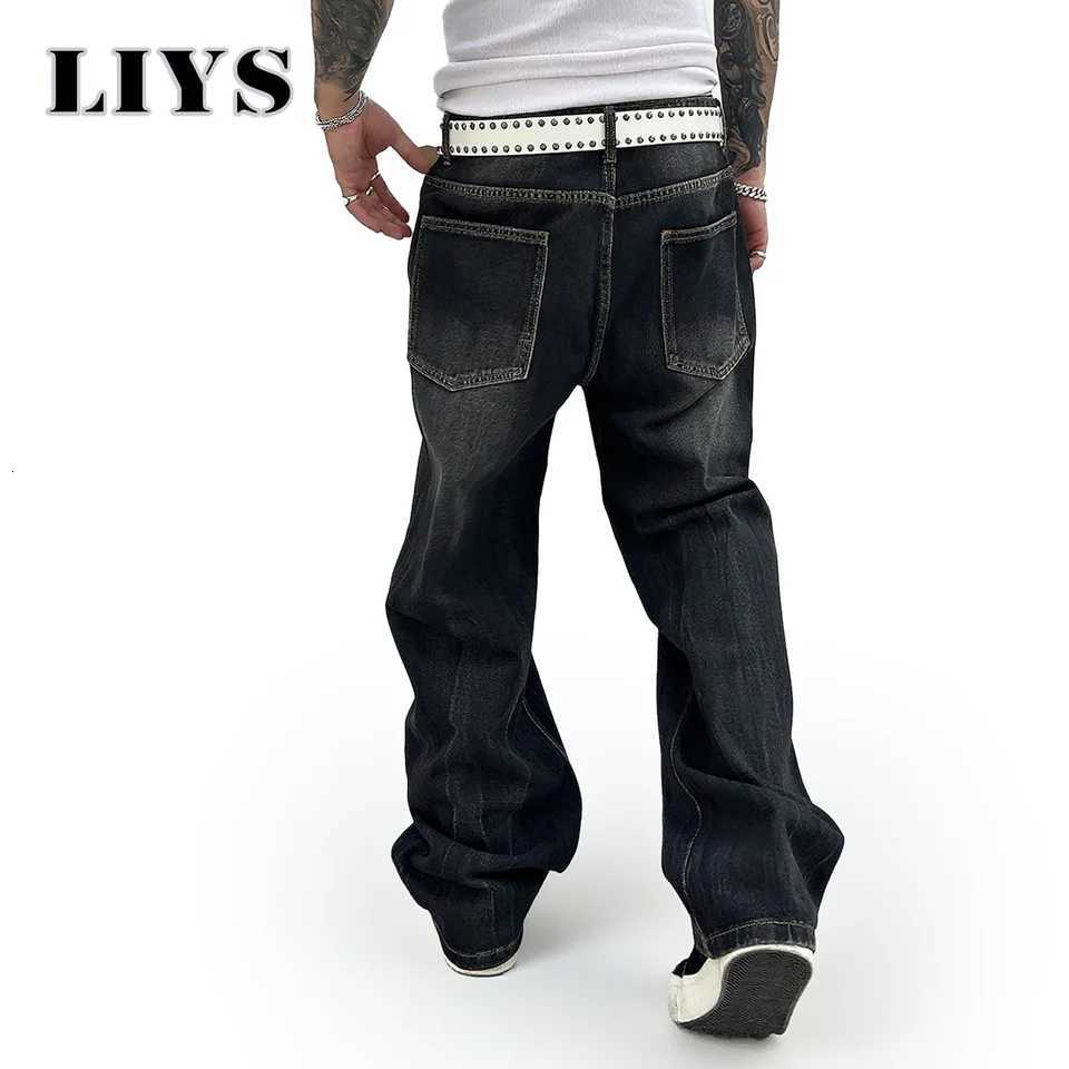 American Street Solid Retro Black Baggy Jeans Mens Autumn Winter Loose Tie Flower Wide Leg Denim Pants Daily Rest Stacked JeansZ250917