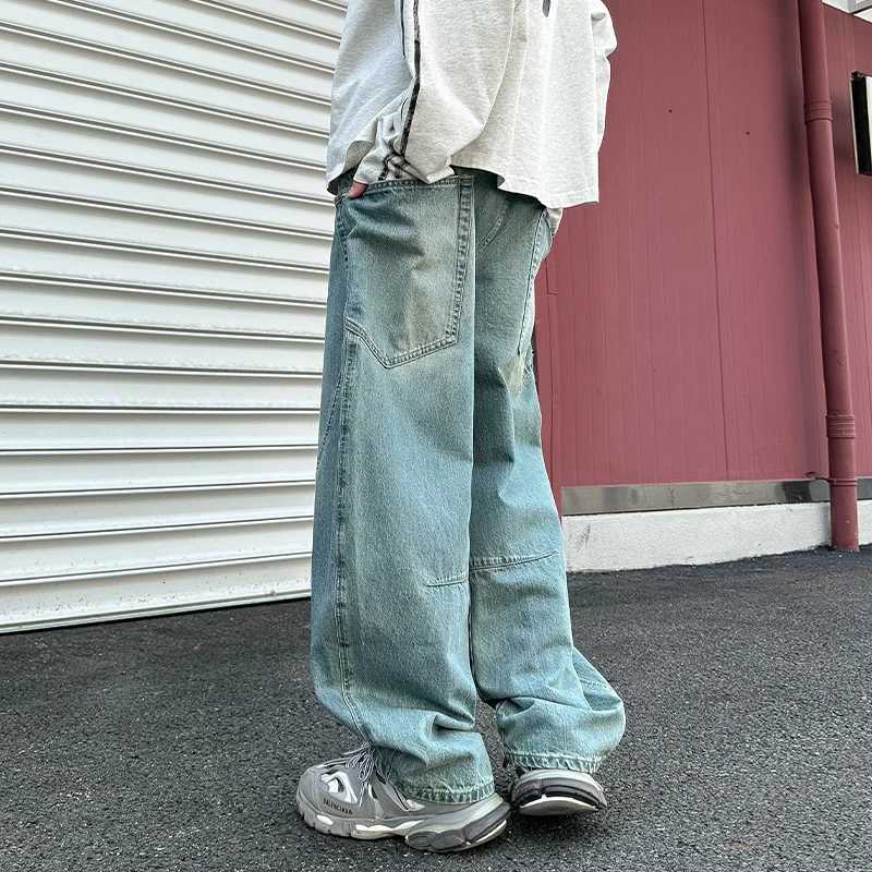 New Washed Jeans Street Trousers Male Denim Pants Solid Color Wide Leg Pant Button Casual Streetwear Hip Hop Oversized versionZ250917