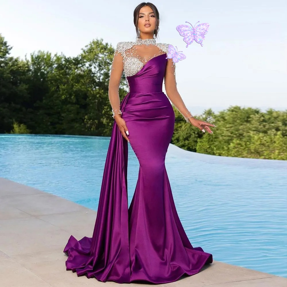 Classy Beaded Mermaid Prom Dresses Long Sleeves Pleated Evening Gowns High Neckline Sweep Train Engagement Satin Special Occasion Formal Evening Wear