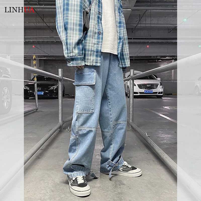 LINHUA Men Wide Leg Jeans Mens Spring cargo pants Hip Hop Streetwear New Loose Straight Baggy Denim Pants Male work jeansZ250917