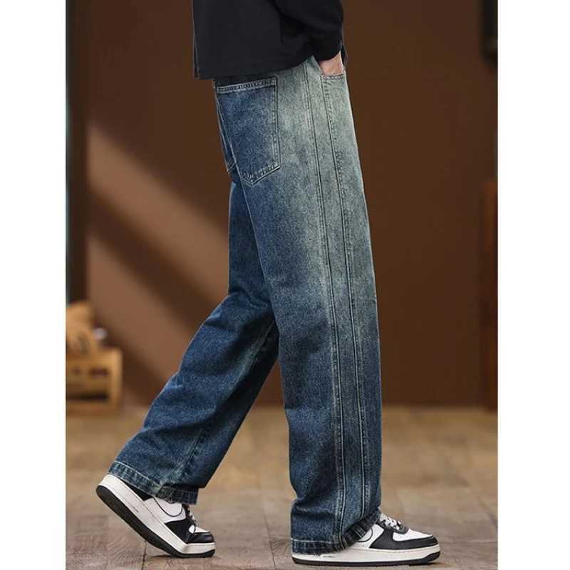 Autumn Mens New Baggy Jeans Versatile Wide Leg Trousers High Street American Style Retro Denim Solid Color Male ClothingZ250917