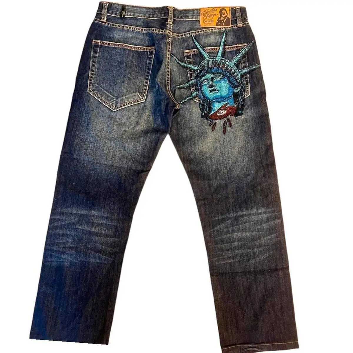 Statue of liberty Diamonds Jeans Y2k 2000s Casual Denim Pants High Waist Straight Wide Leg Jeans Harajuku Vintage Women Clothing S250917