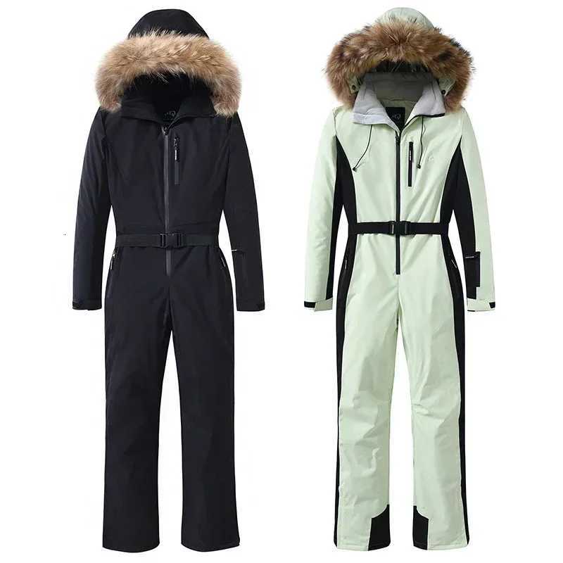 Fur Hooded Woman One Piece Snow Suit Winter Slim Women Ski Jumpuist Outdoor Mountain Female Snowboard Overall Insulated Clothes W250917