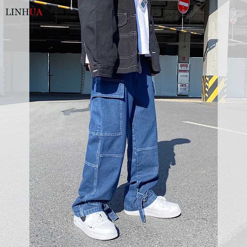 LINHUA Men Wide Leg Jeans Mens Spring cargo pants Hip Hop Streetwear New Loose Straight Baggy Denim Pants Male work jeansZ250917