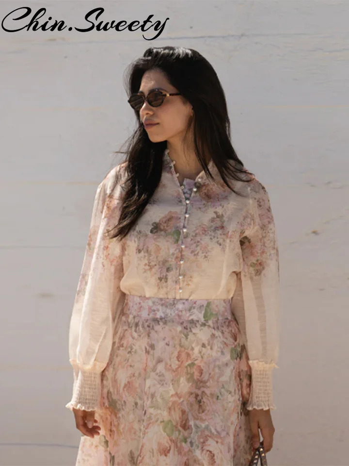 Womens Flower Printed Shirts Skirts Suit Casual Long Sleeve Button Shirt Pleated Zippers Autumn Lady Outfit 250917
