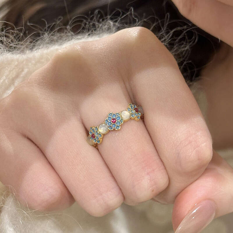 Enamel Chalcedony Blue and White Porcelain 2025 Ancient Method New Chinese Classical Small Flower Ring