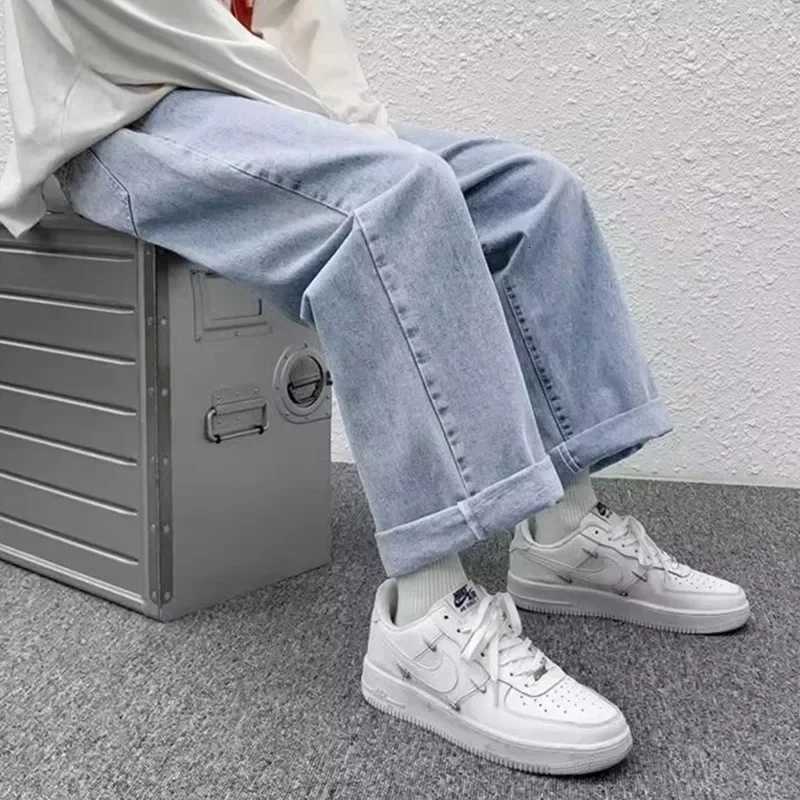 Men Fashion Baggy Casual Jeans Men High Street Straight Leg Pants Slim Fit Youthful Vitality Vintage Dark Blue Gray TrousersZ250917