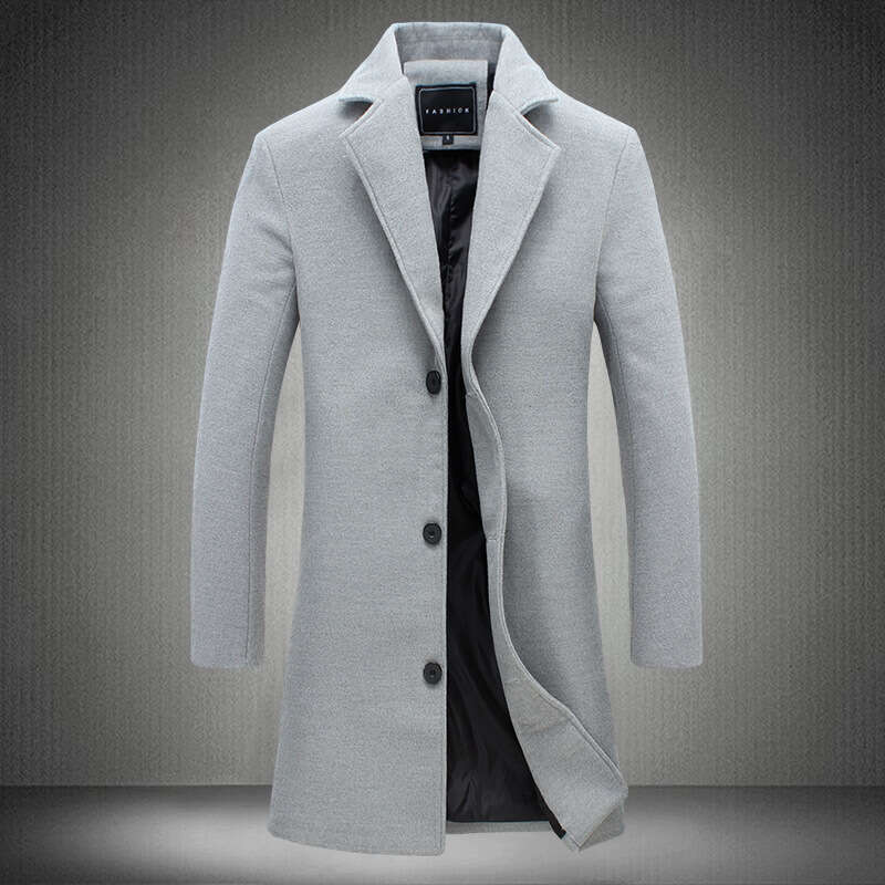 2025 for Men, New Korean Style Slim Fit Mid-Length Trench Coat in Wool Material