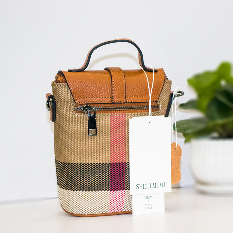 Shellmi High grade leather mobile phone bag single shoulder crossbody bag new women's bag contrasting checkered canvas fashionable and versatile 