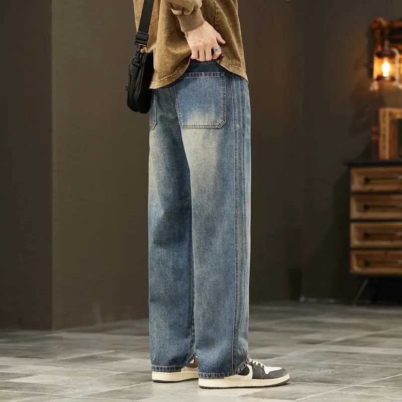 2025Distressed Vintage Blue Jeans Pants Men Wideleg Denim Trousers Male Oversize Streetwear Fashion Casual Baggy Straight JeansZ250917