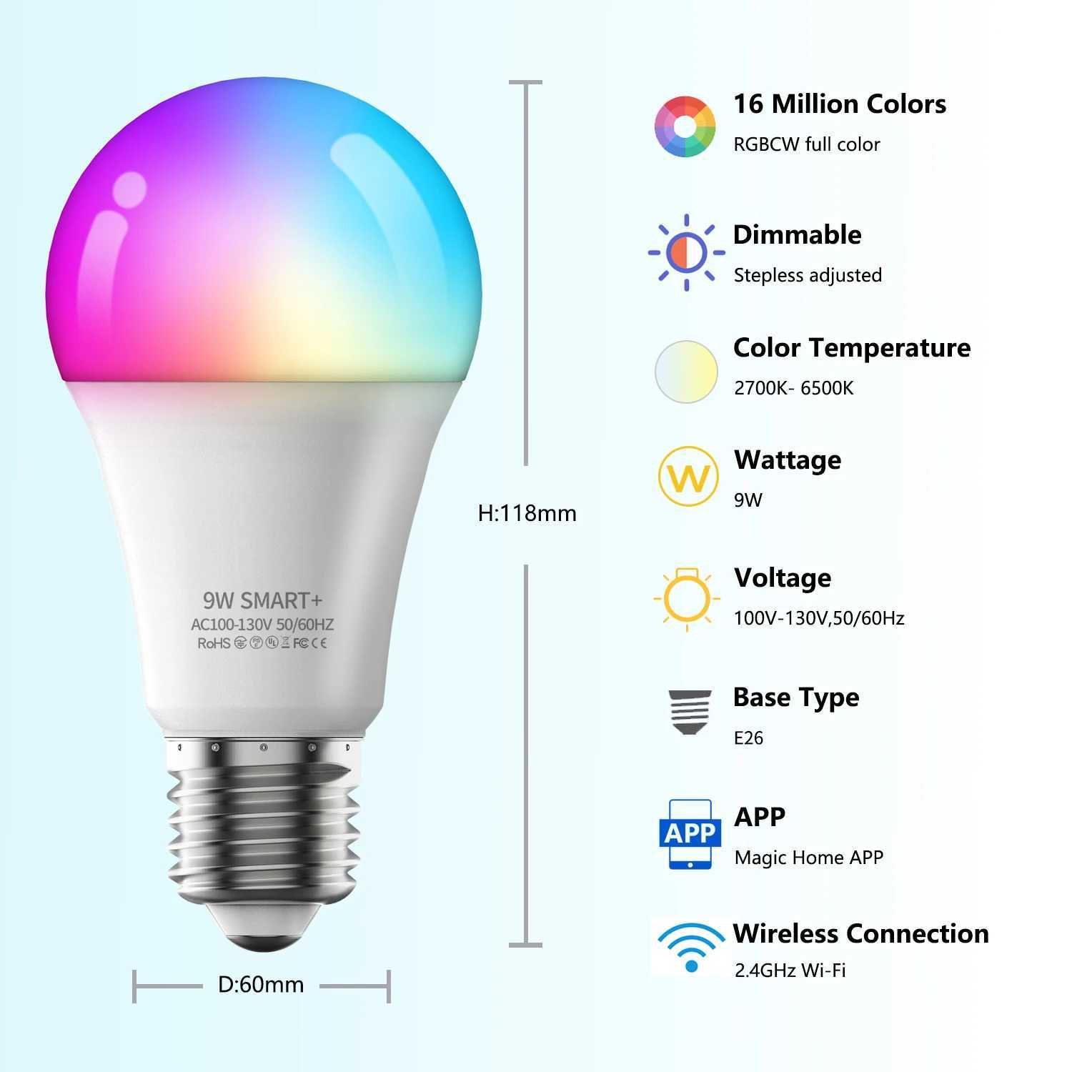 1pcs RGBWW LED Bulb E26 E27 110V 220V 9W 10W Magic Home Smart App Music Control Work with Alexa Google Home Bedroom Lighting C250917