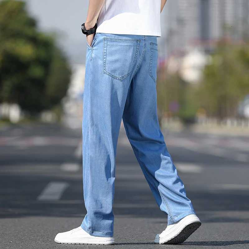Summer Thin Mens Elastic Cotton Jeans Fashion Sky Blue Comfortable Business Straight Casual Pants Brand Male Clothes TrousersZ250917