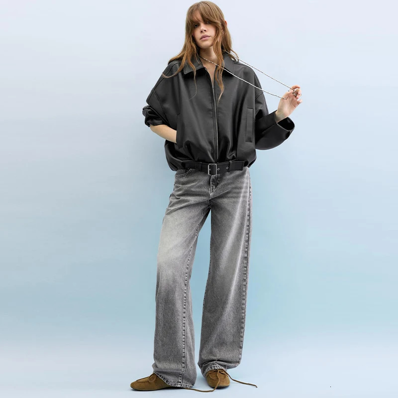Womens Fashion Lapel PU Leather Jacket Loose Full Sleeve Zipper Waist Belt Lace Up Coats Autumn Lady Casual Streetwear 250917