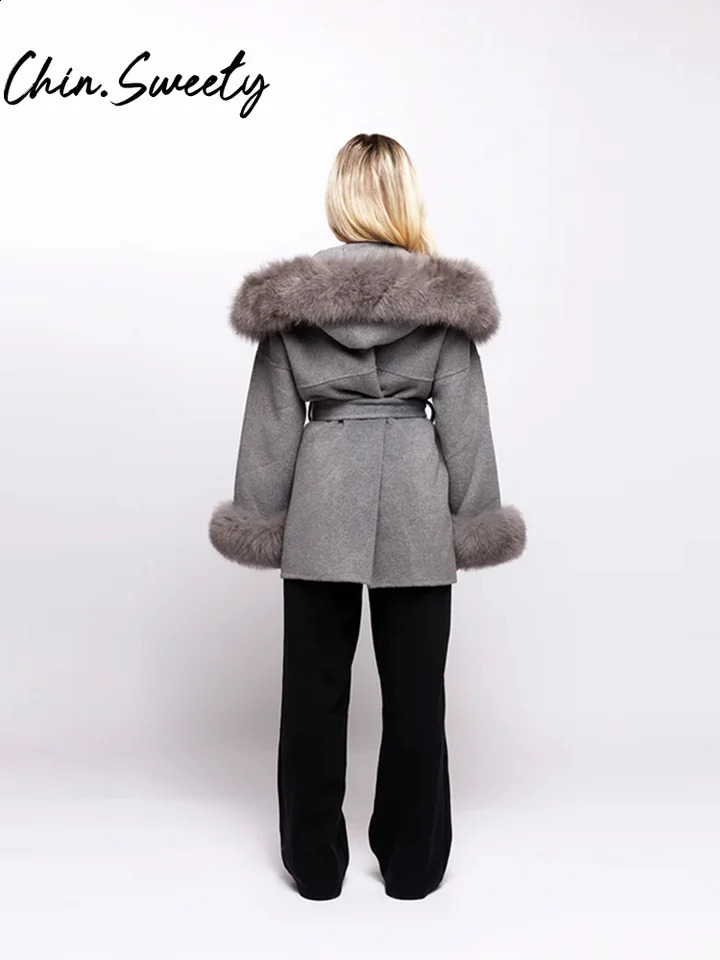 Grey Faux Fur Woolen Patchwork Women Jacket Loose Hoody Belt Pocket Female Coat Autumn Winter Fashion Lady Streetwear 250917