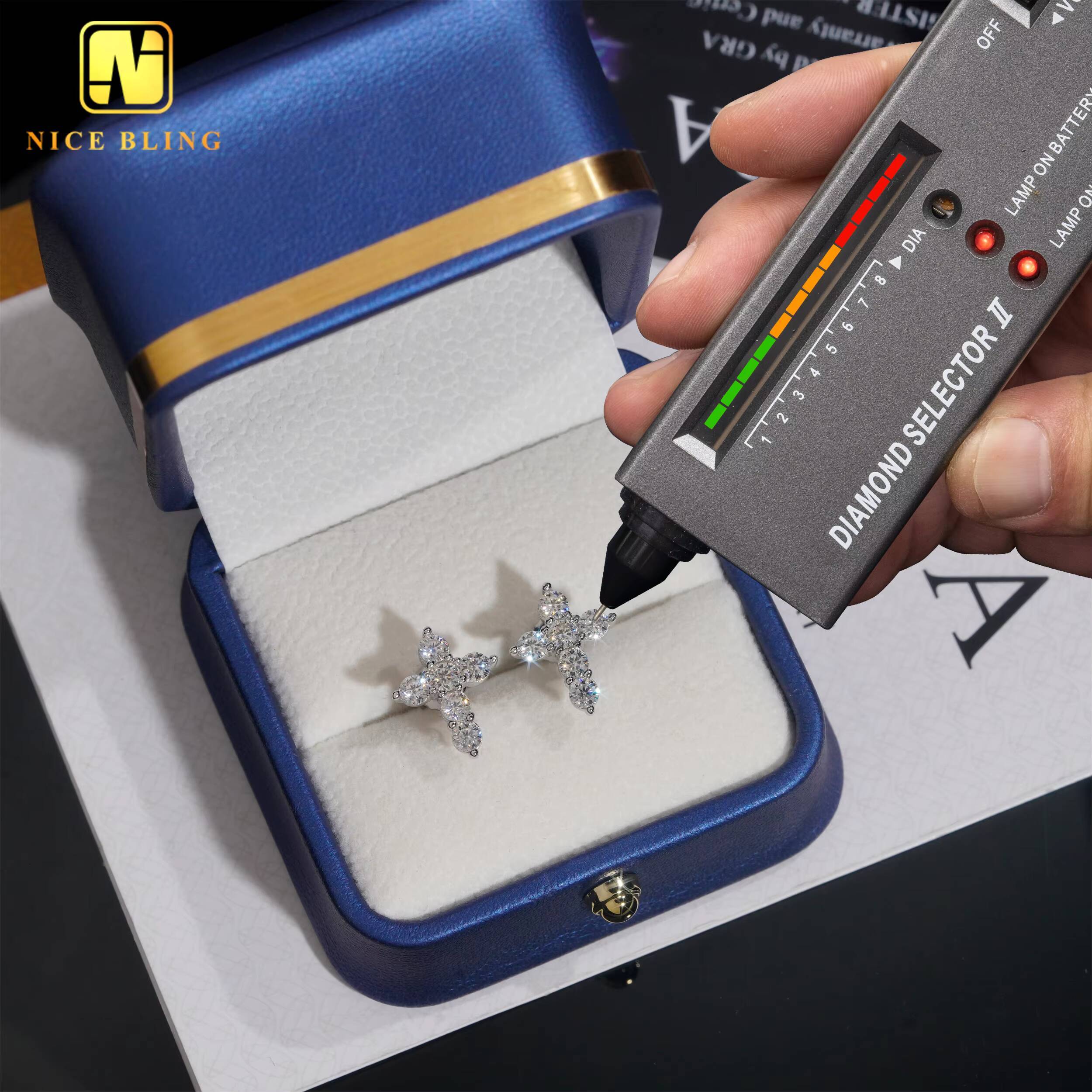 Hip Hop Moissanite Jewelry VVS Diamond Ear Studs 925 Sterling Silver Cross Earrings for Men Women