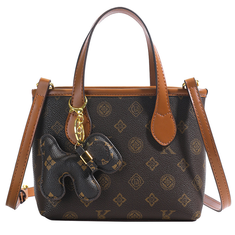 Luxuru Bag Women's Handbag Fall Winter New Vintage Print Crossbody Bucket Tote Bag, Top Handle Purse with Cute Dog Pendant Charm Fashion Shoulder