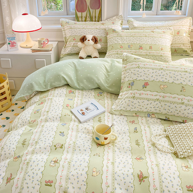 Simple Thickened Brushed Cotton Bedding Set - 3-Piece Cartoon Duvet Cover with Bed Sheet for Student Dormitory and Children W260302