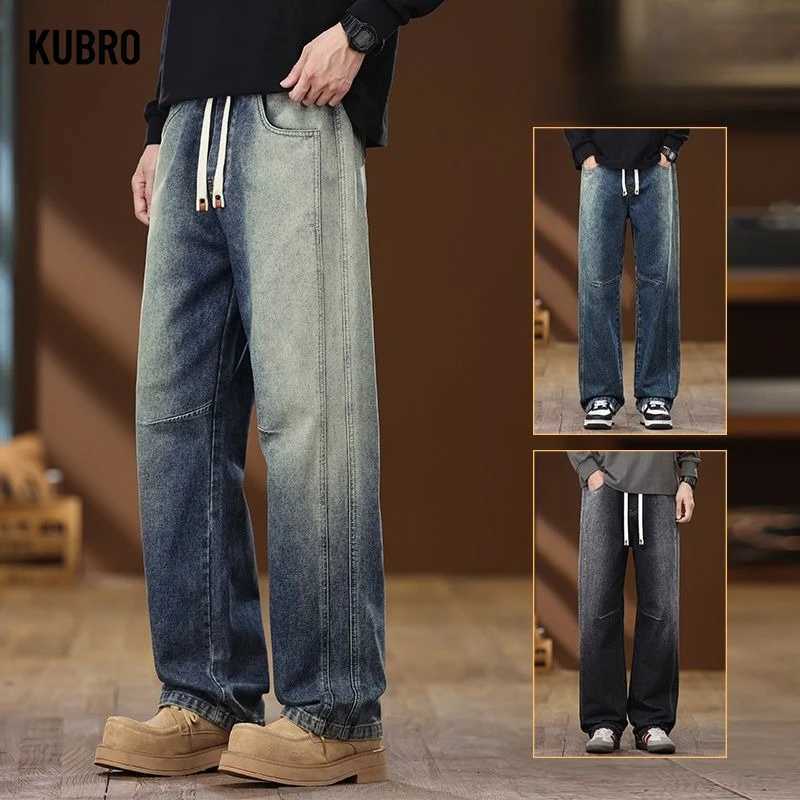 Autumn Mens New Baggy Jeans Versatile Wide Leg Trousers High Street American Style Retro Denim Solid Color Male ClothingZ250917