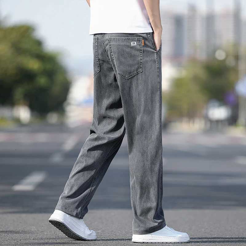 Summer Thin Mens Elastic Cotton Jeans Fashion Sky Blue Comfortable Business Straight Casual Pants Brand Male Clothes TrousersZ250917