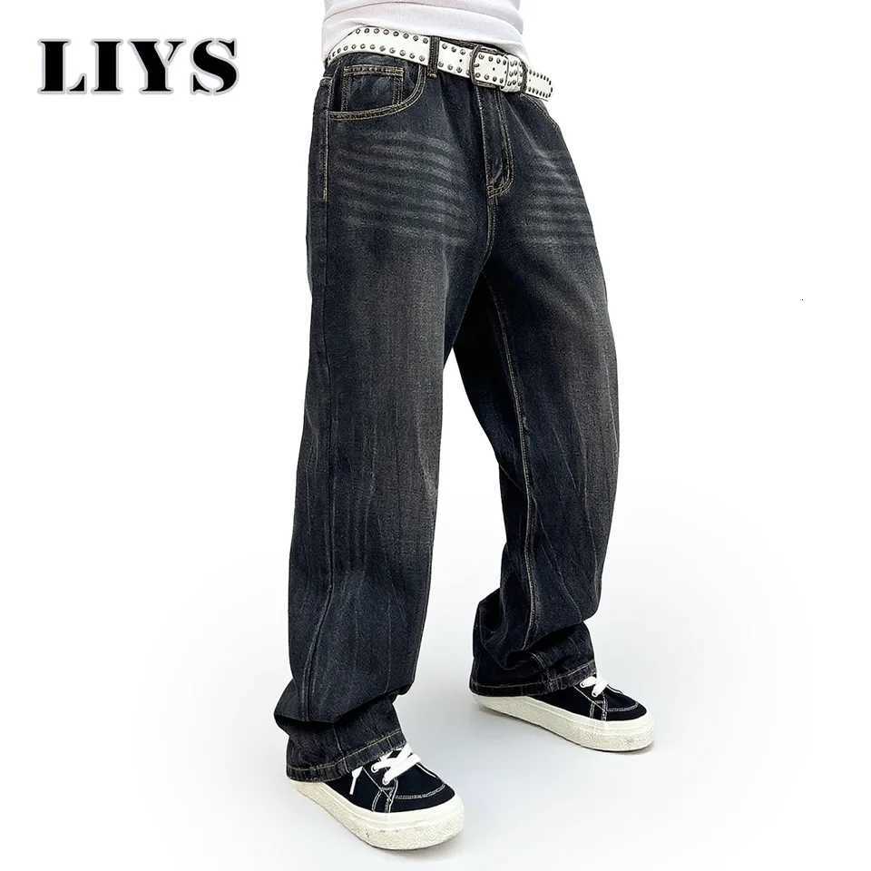 American Street Solid Retro Black Baggy Jeans Mens Autumn Winter Loose Tie Flower Wide Leg Denim Pants Daily Rest Stacked JeansZ250917