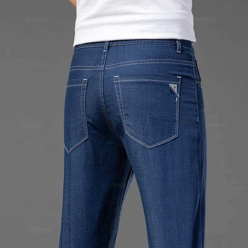 2025 New Summer Lyocell Baggy Mens Jeans Elastic Waist Thin Straight Denim Pants Dark Blue Classic Trousers Plus Size 40 42Z250917