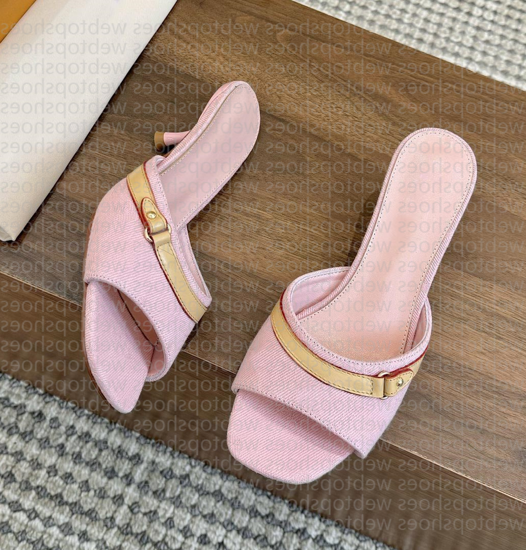 High Heels Designer Sandals Womens Slippers Luxury Mid Heel Neo Revival Mules Ladies denim blue White Black Brown Ebony Slides Leather Women Sandal size 35-42