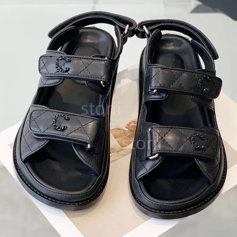 Calf Leather quilted dad Sandals designer womens Luxury flat womans sandles White Black Leather Mules Slides Beach Buckle Strap Flats Hook&Loop sandal sandalen