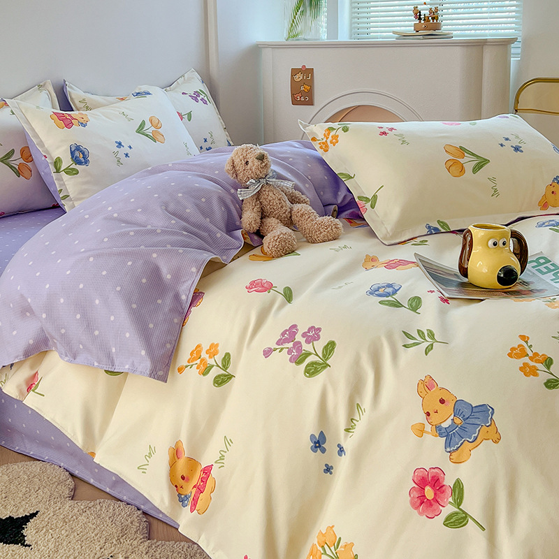 Simple Thickened Brushed Cotton Bedding Set - 3-Piece Cartoon Duvet Cover with Bed Sheet for Student Dormitory and Children W260302