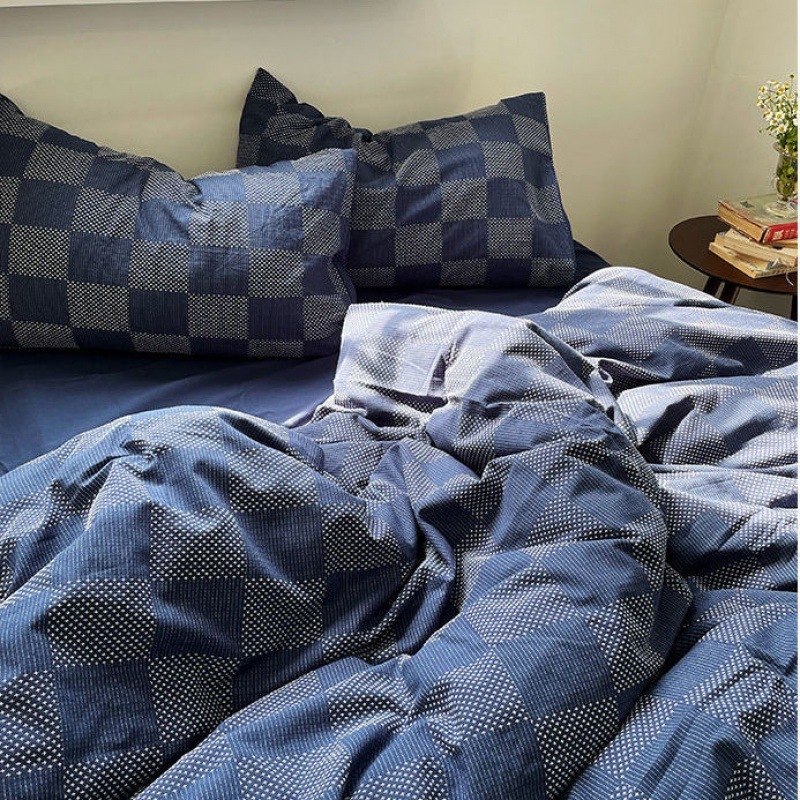 INS Japanese Style Checkerboard Blue Boys Duvet Cover Bedding Four-Piece Set Quilt Bed Sheet Dormitory Sanfangsu