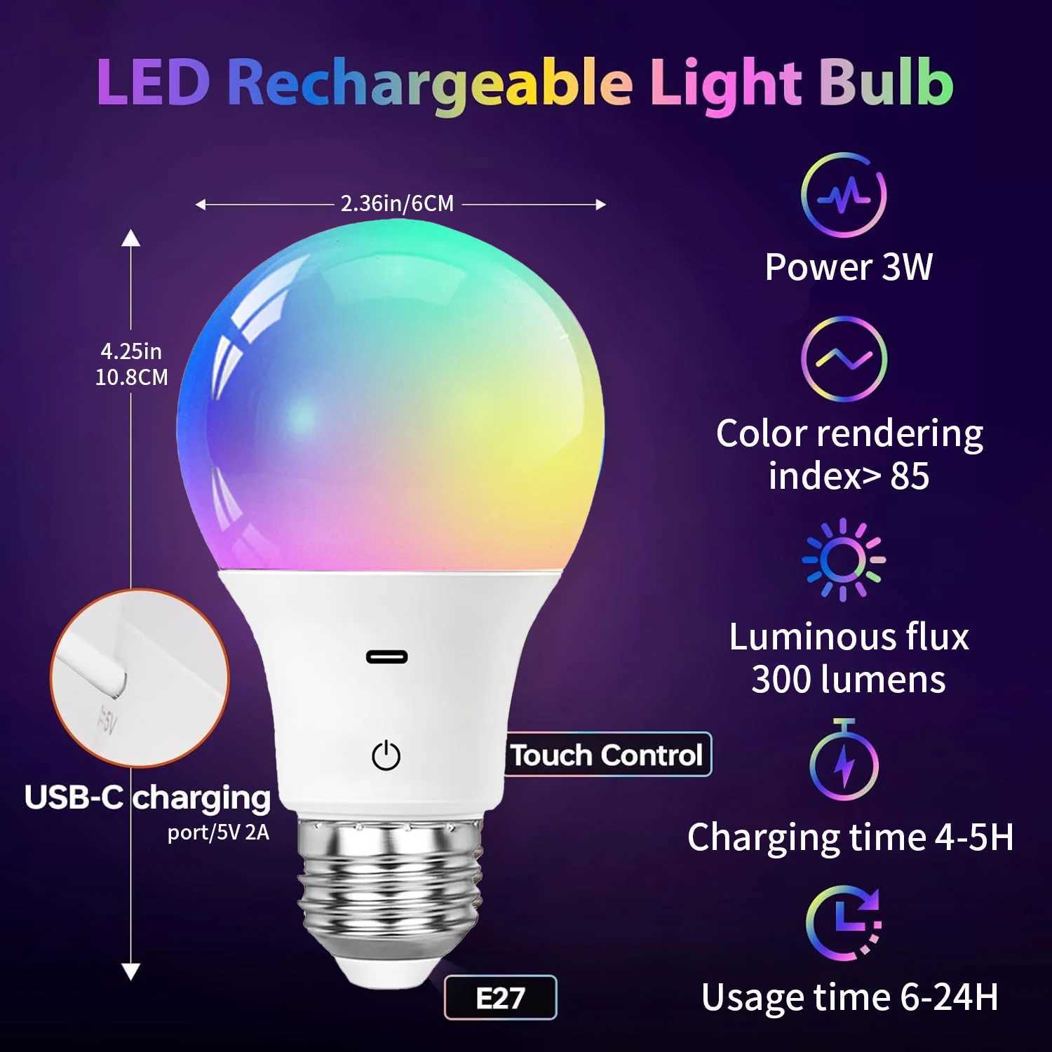 Rechargeable Light Bulb With Remote Control Timing Function Dimming and RGB Battery Powered Suitable for Wireless Wall Light C250917