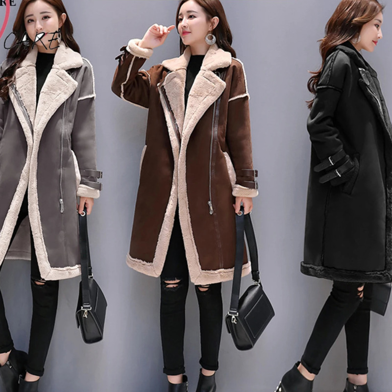 Womens suede fur coat warm and fashionable long trench coat jacket synthetic sheepskin coat autumn and winter F0102 cashmere 2 choices 241025