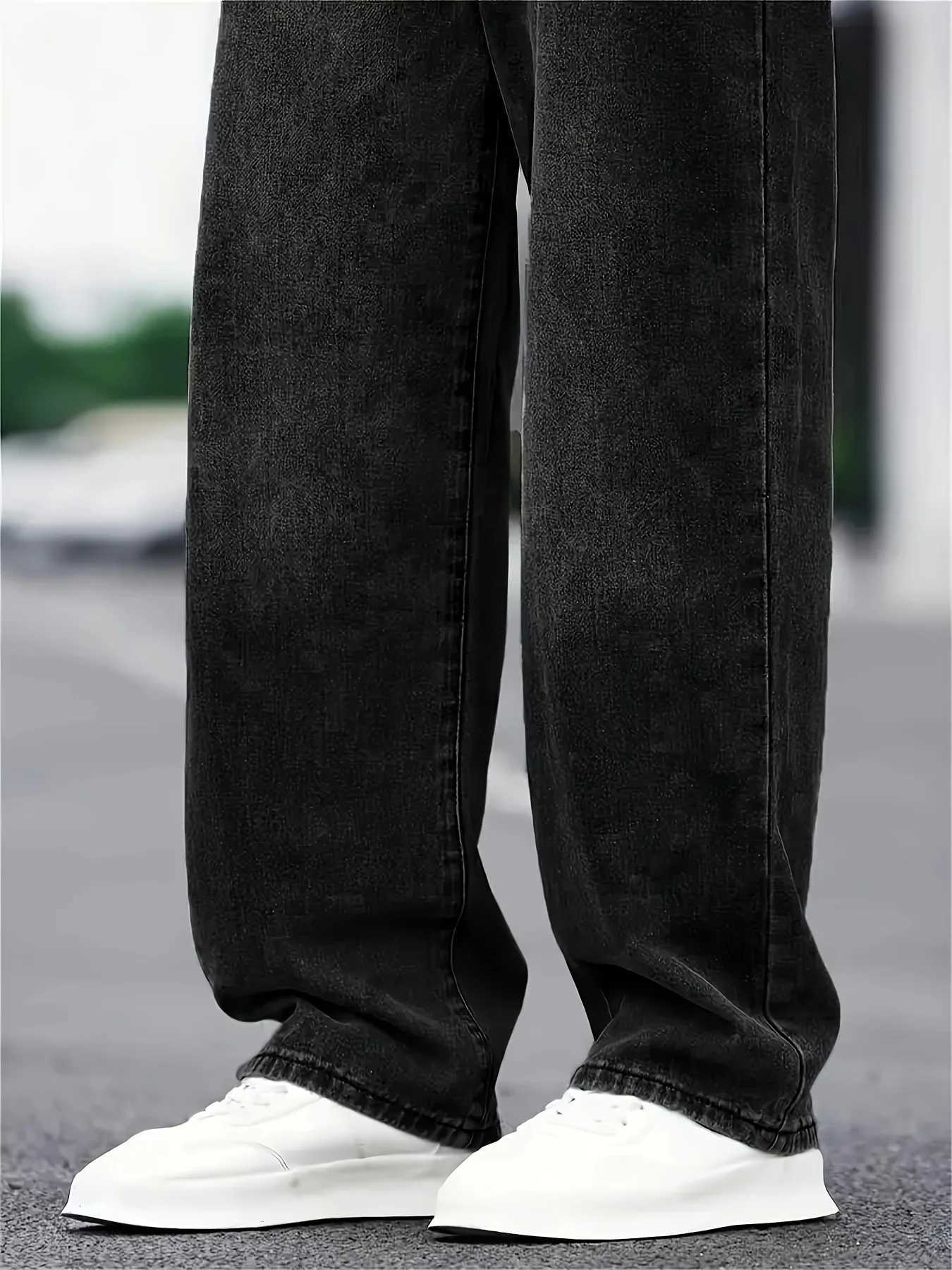 Mens fashion hip hop style loose straight jeans solid color American high street straight pantsZ250917