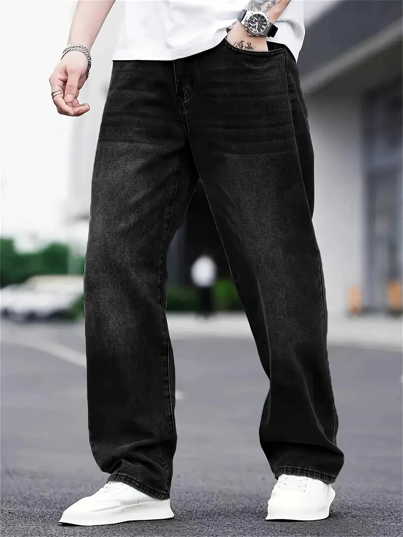 Mens fashion hip hop style loose straight jeans solid color American high street straight pantsZ250917