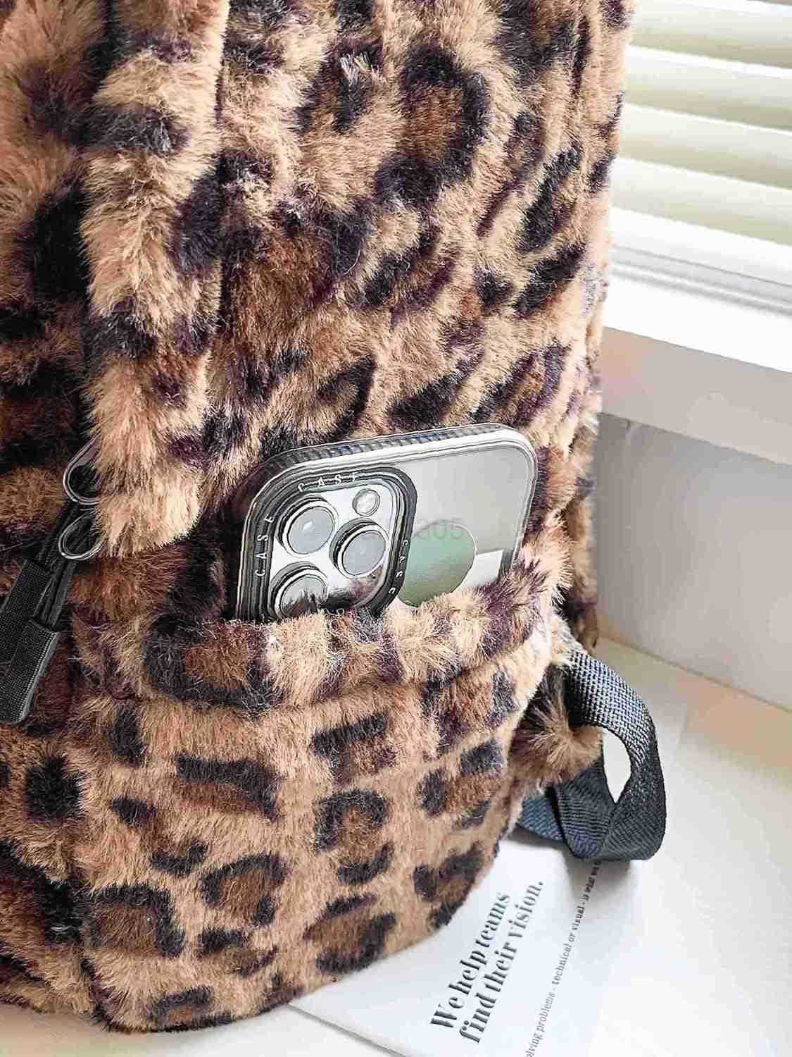 fluffy cheetah print backpack cute y2k animal fur 14 inch scene book bag for women fashion simple personal item aesthetic girls bag Z259017