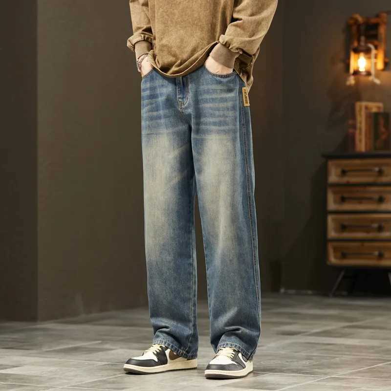 2025Distressed Vintage Blue Jeans Pants Men Wideleg Denim Trousers Male Oversize Streetwear Fashion Casual Baggy Straight JeansZ250917