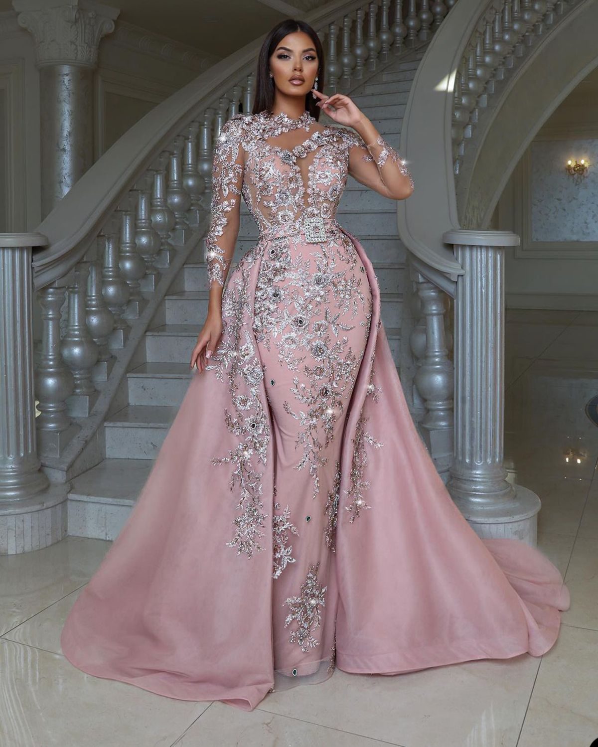 Stunning Pink African Evening Dresses Sheer Jewel Neck Mermaid Long Sleeve Appliques Beads WIth Detachable Train Prom Gown Formal Robes BC19957 9P17