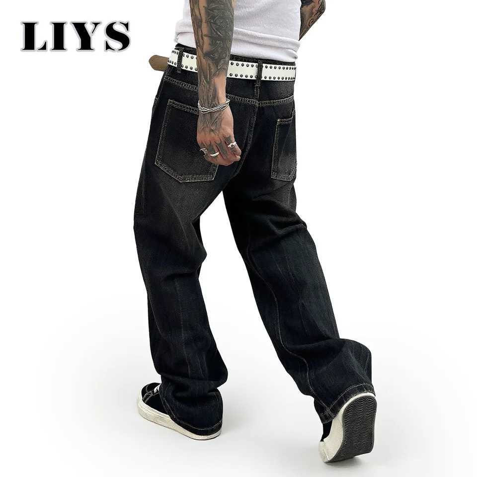 American Street Solid Retro Black Baggy Jeans Mens Autumn Winter Loose Tie Flower Wide Leg Denim Pants Daily Rest Stacked JeansZ250917