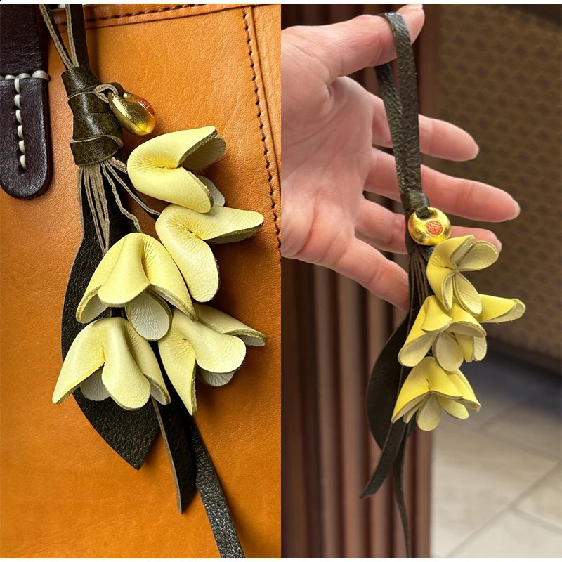 Cowhide Leather Flower Shaped Bag Charm Genuine Leather Rope Womens Tulip Cactus Bag Pendant Car Keychain Hand Rope Accessories 250916