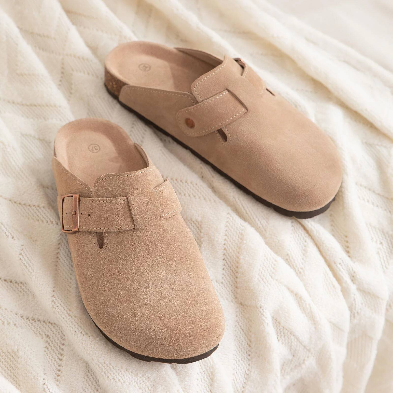 Bebealy Fashion Suede Clogs Slippers Cork Footbed Women Wedges Anti-Slip Beach Sandals with Support Sole Slipper ddmypanda