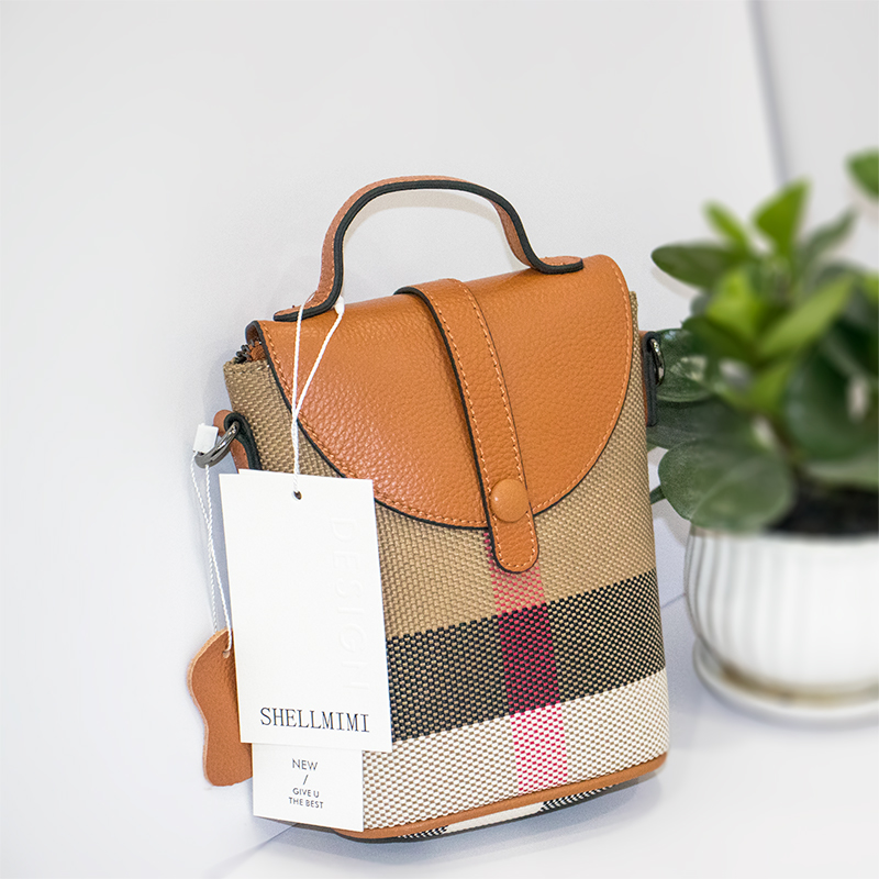 Shellmi High grade leather mobile phone bag single shoulder crossbody bag new women's bag contrasting checkered canvas fashionable and versatile 