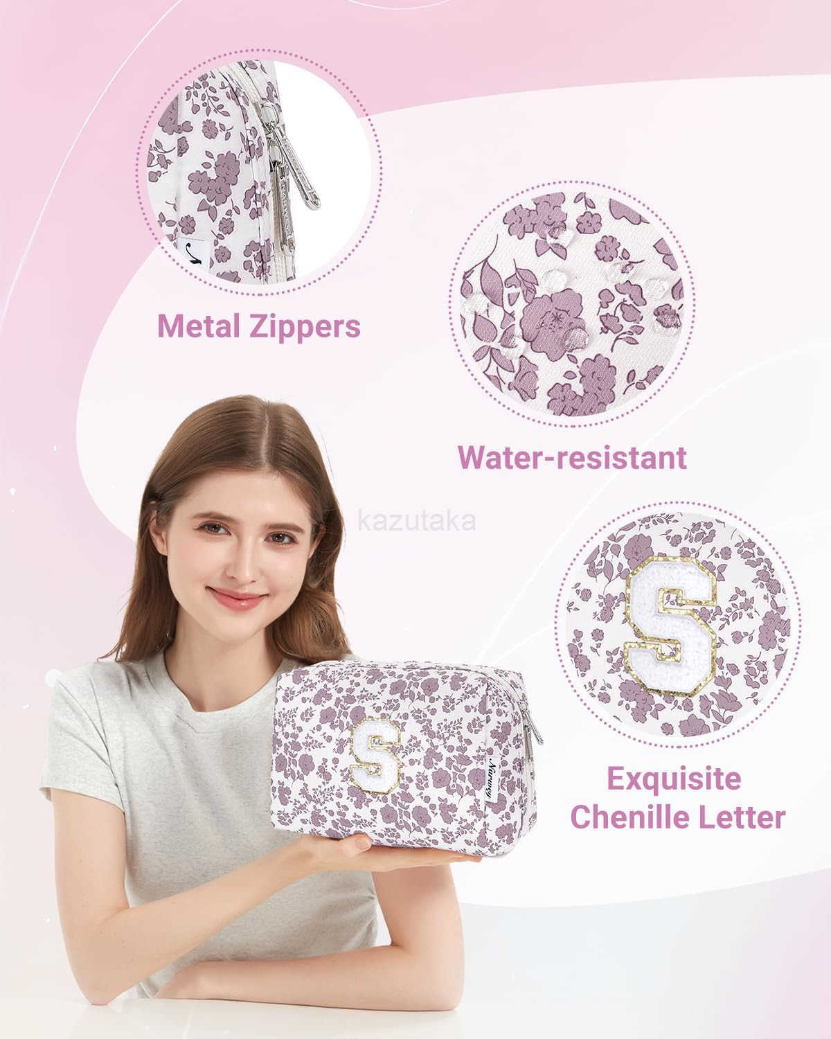 Narwey Birthday Gifts for Teen Girls Kids Women Personalized Initial Floral Makeup Bag Cute Cosmetic Trendy Stuff 6 8 10 11 12 13 14 16 18 Years Old T