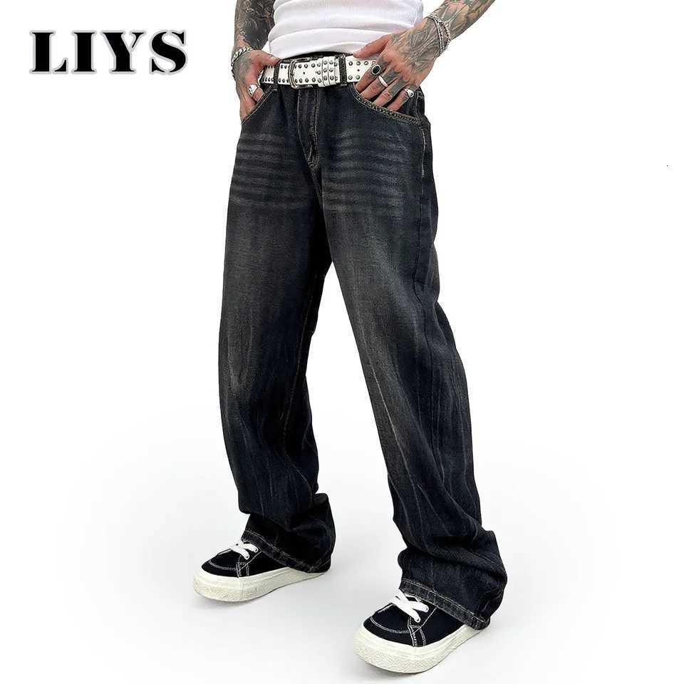 American Street Solid Retro Black Baggy Jeans Mens Autumn Winter Loose Tie Flower Wide Leg Denim Pants Daily Rest Stacked JeansZ250917