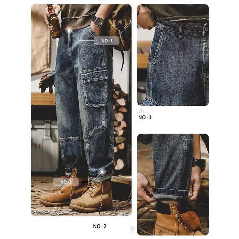 Mens Fashion Multi Pockets Design Cargo Trousers American Vintage Wide Leg Denim Pants Trend Cool Style Streetwear Jeans MaleZ250917