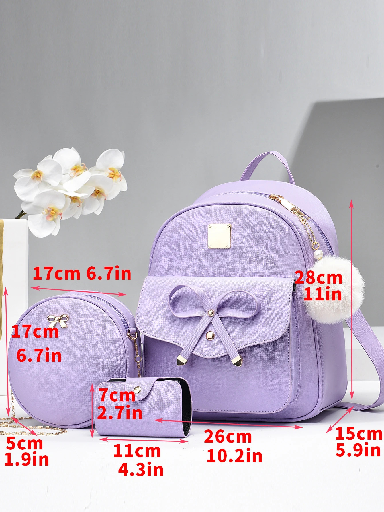 3pcsset Kawaii Cute Striped Faux Leather Backpack Zipper Closure Preppy College School Daypack Womens Casual Travel Commute 250916