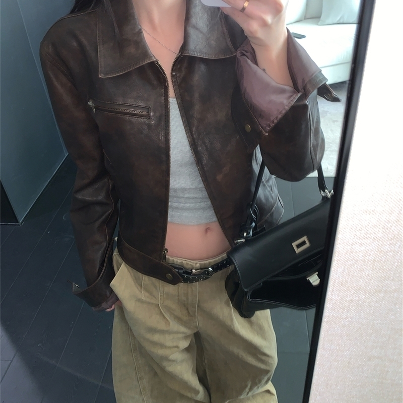 Cibbar brown leather trimmed jacket y2k retro pocket patch work zipper full set PU jacket 2000s streetwear womens retro jacket 241126